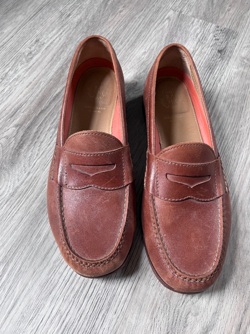 Men's Cole Haan sz 9.5w Grand OS Pinch Hand Sewn Tan Leather Penny Loafer Shoes